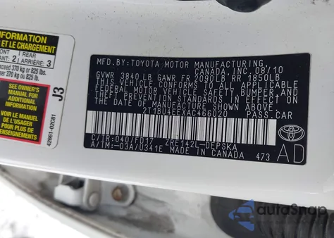 2010 Toyota Corolla S из США, поврежденный, VIN 2T1BU4EEXAC466020